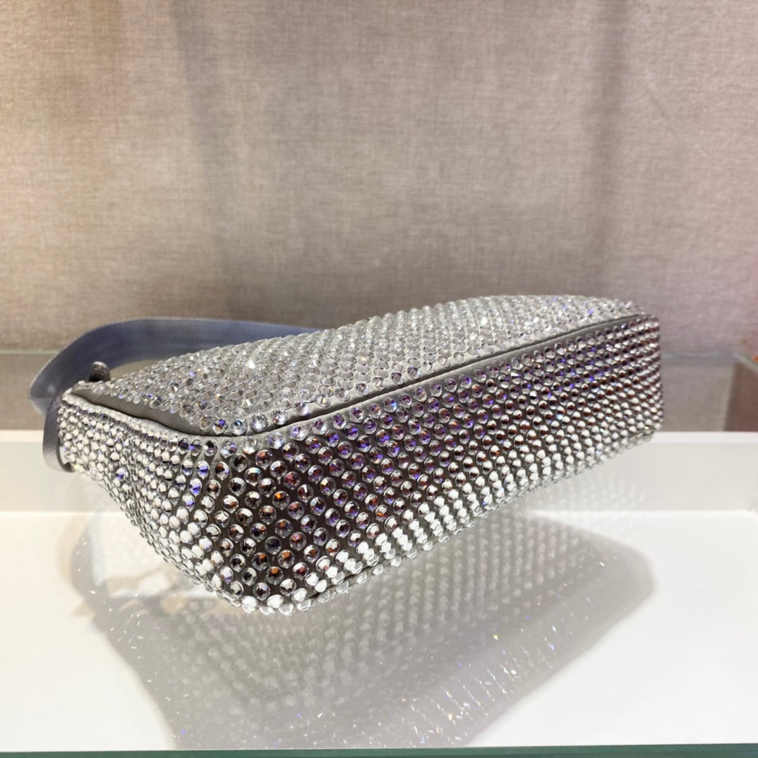 PRADA SPARKLING HOBO BAG 23 IN SILVER NYLON ATTACHED FULLY CRYSTALS