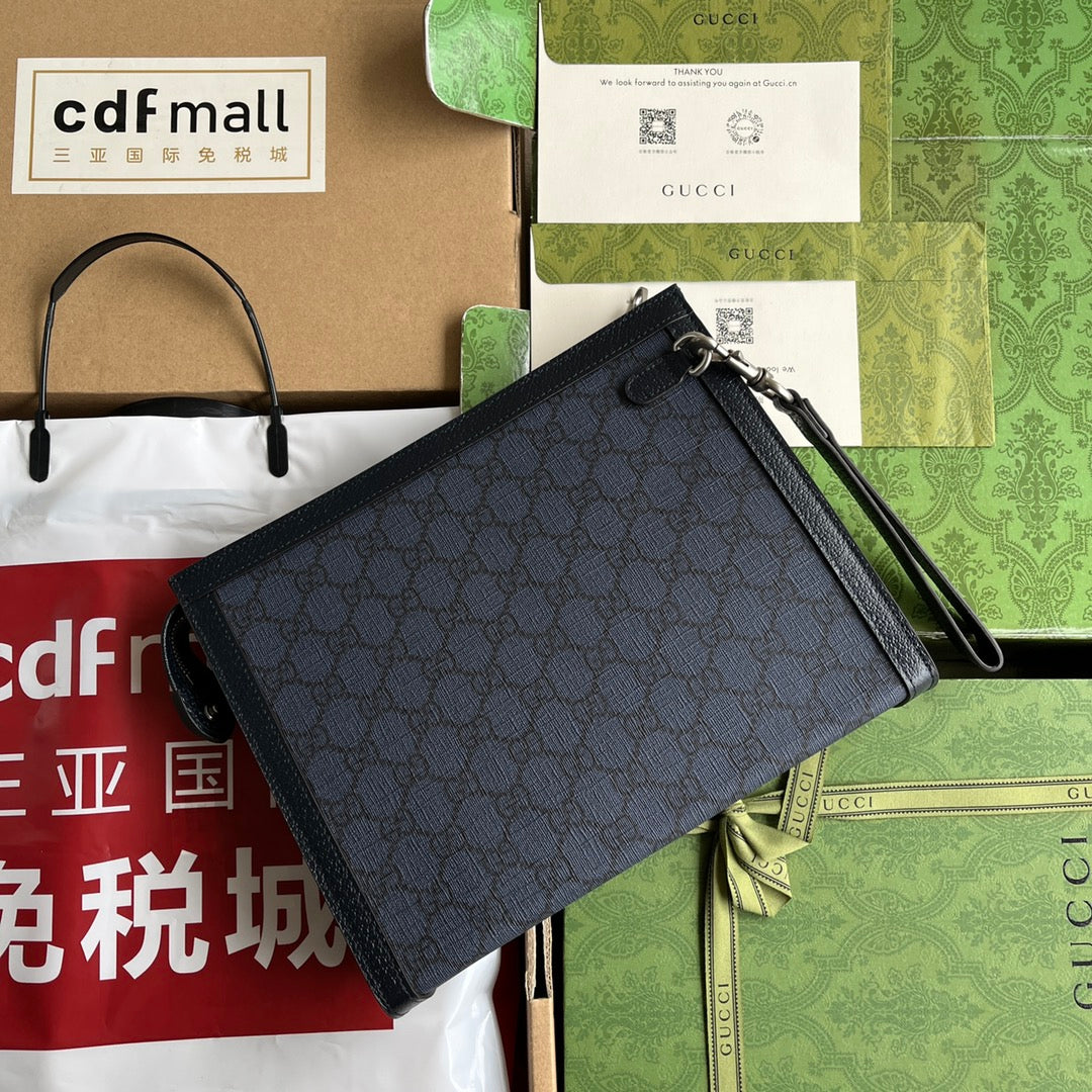 GUCCI OPHIDIA POUCH 26 IN DARK BLUE MONOGRAM CANVAS AND BLACK LAMBSKIN TRIM