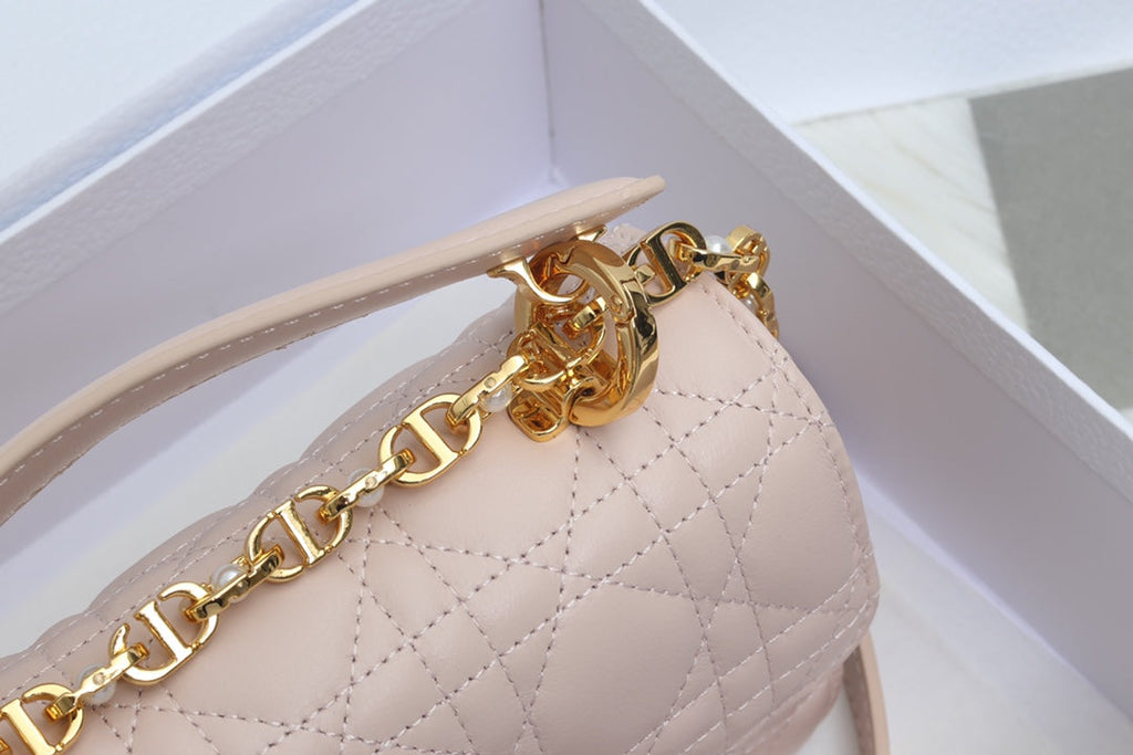 DIOR JOLIE TOP HANDLE BAG 19 IN PALE PINK CANNAGE CALFSKIN