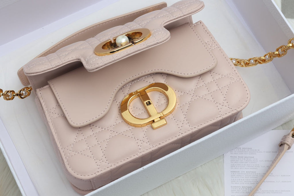 DIOR JOLIE TOP HANDLE BAG 19 IN PALE PINK CANNAGE CALFSKIN