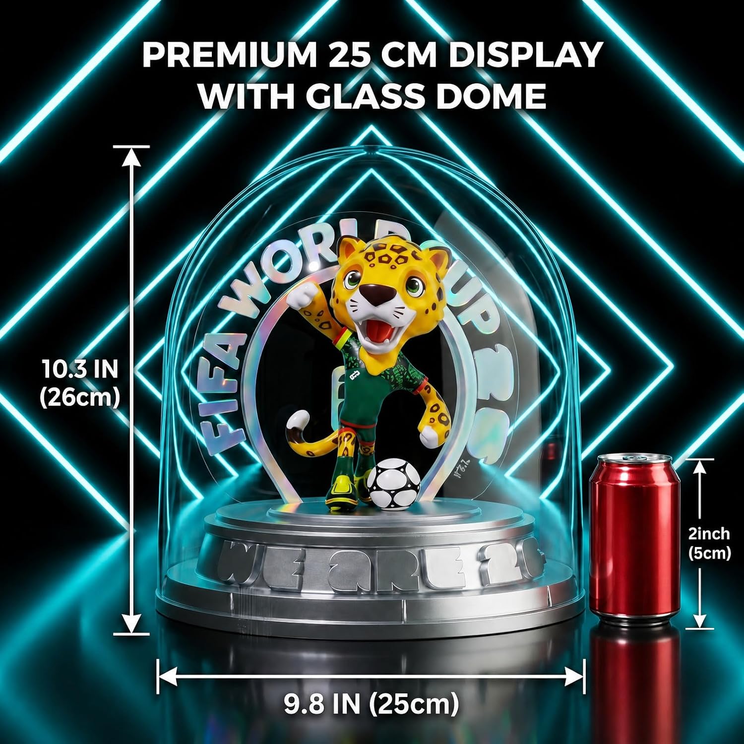 FIFA Official Licensed World Cup 2026 Mexico Mascot Zayu the Jaguar 10.3" Display Statue with Acrylic Dome – Custom Laser Engraved Text & Logo, Personalized Gift for Soccer Fans (Zayu)