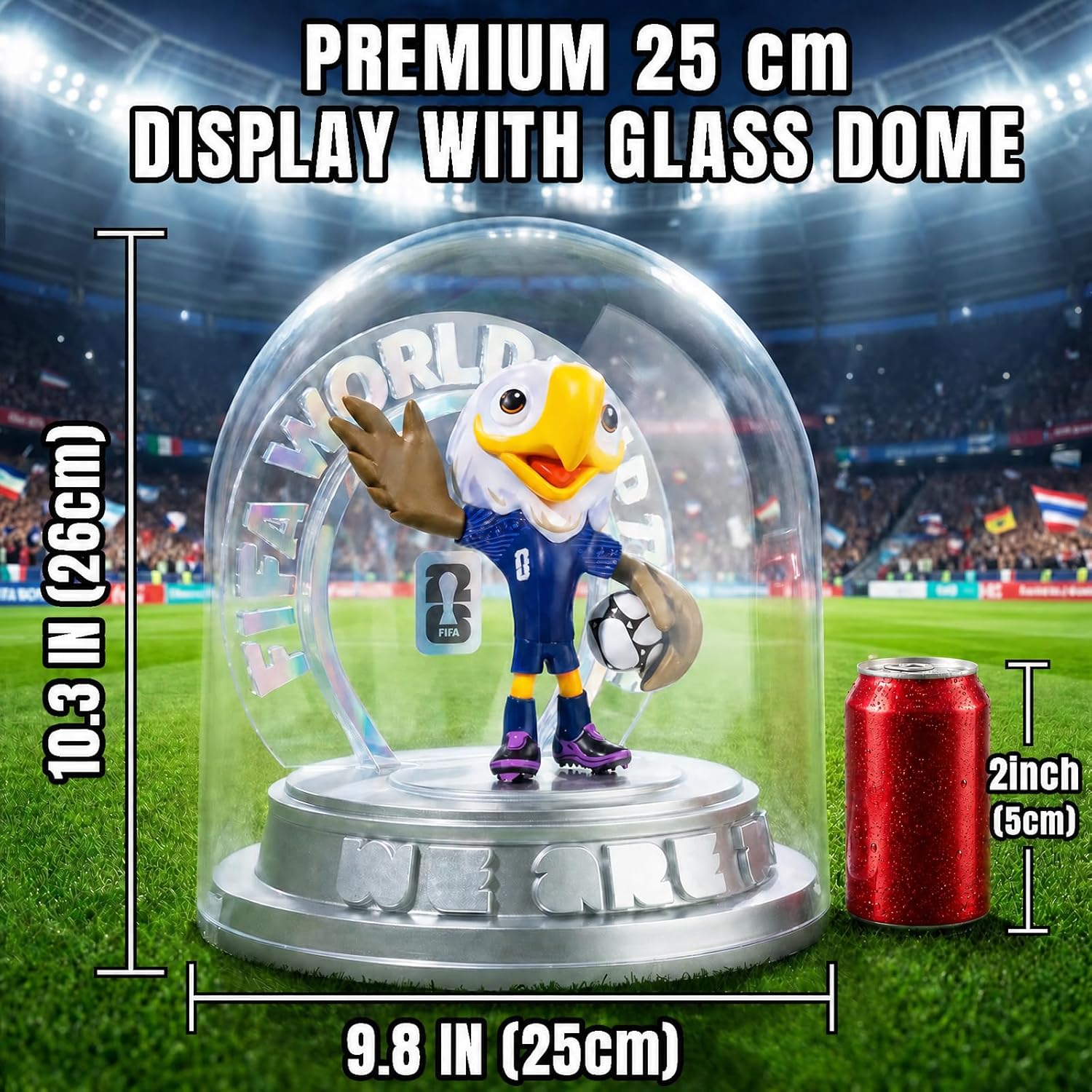 FIFA Official Licensed World Cup 2026 USA Mascot Clutch the Bald Eagle 10.3" Display Statue, Custom Laser Engraved Text & Logo with Acrylic Dome, Personalized Gift for Soccer Fans (Clutch)
