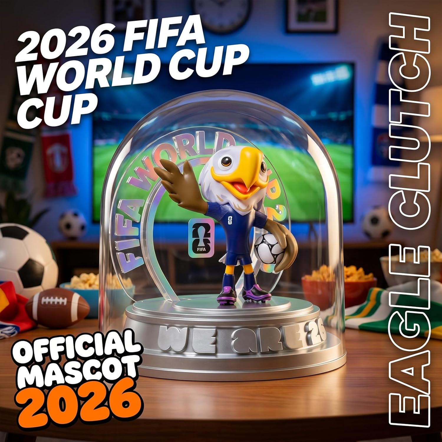 FIFA Official Licensed World Cup 2026 USA Mascot Clutch the Bald Eagle 10.3" Display Statue, Custom Laser Engraved Text & Logo with Acrylic Dome, Personalized Gift for Soccer Fans (Clutch)