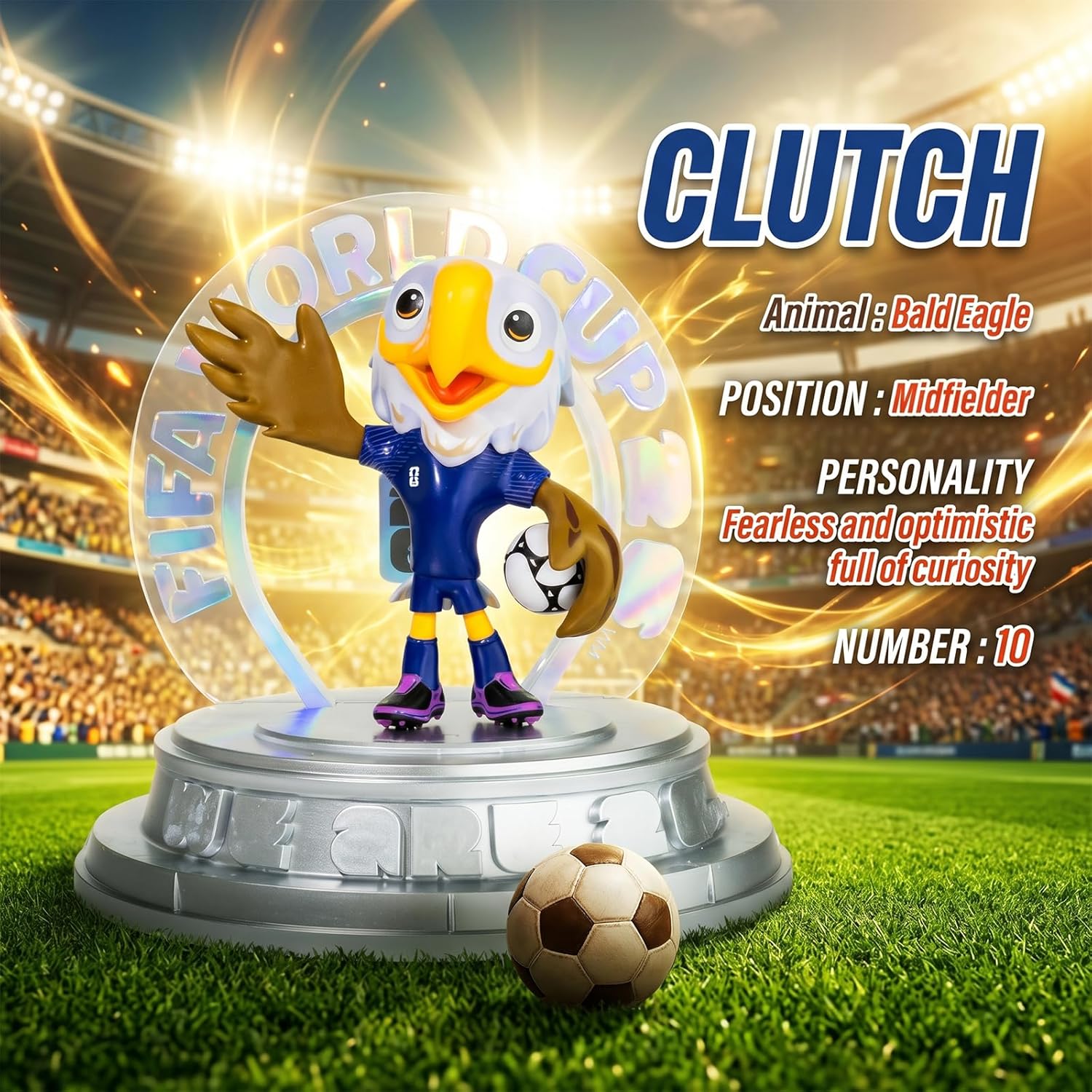 FIFA Official Licensed World Cup 2026 USA Mascot Clutch the Bald Eagle 10.3" Display Statue, Custom Laser Engraved Text & Logo with Acrylic Dome, Personalized Gift for Soccer Fans (Clutch)
