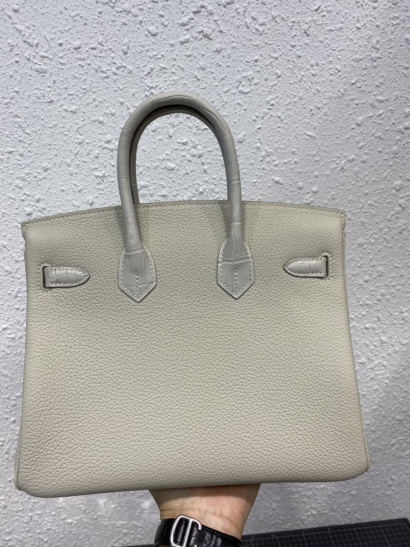 HERMES BIRKIN 25CM GRIS PERLE CROCODILE AND TOGO LEATHER SILVER HARDWARE