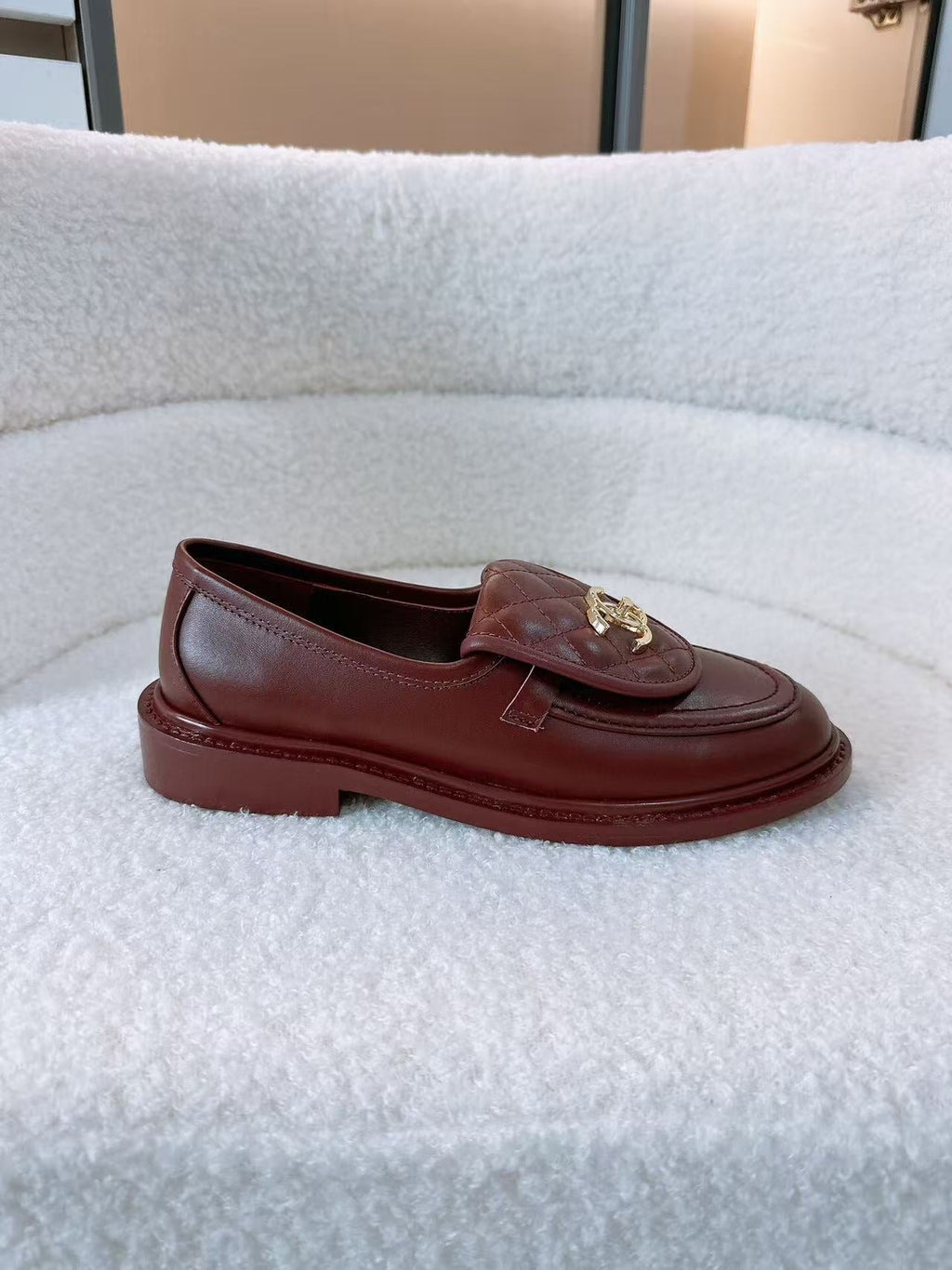 CHANEL QUILTED FLAP LOAFERS IN BURGUNDY RED CALFSKIN GOLD HARDWARE