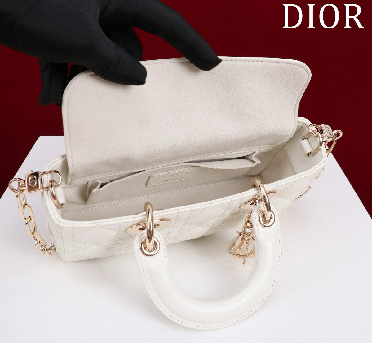 DIOR SMALL LADY D-JOY 22 WHITE LAMBSKIN GOLD HARDWARE