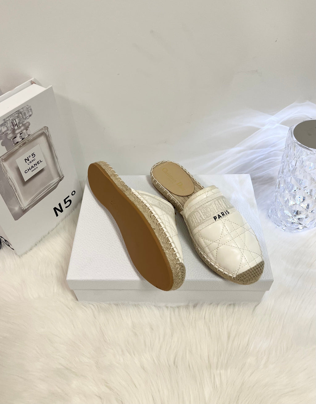DIOR GRANVILLE ESPADRILLE MULE WHITE QUILTED CANNAGE CALFSKIN