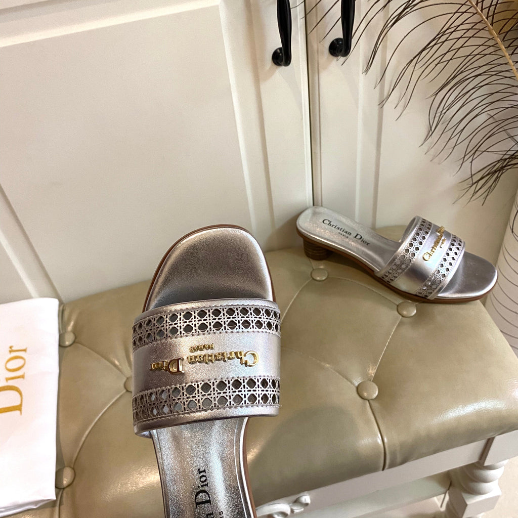 DIOR DWAY HEELED SLIDE IN SILVER CALFSKIN WITH GOLD LOGO