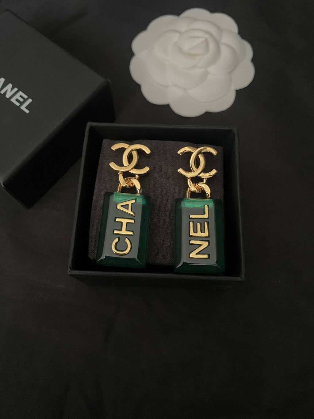 18K  Chanel Green Perfume Bottle Earrings