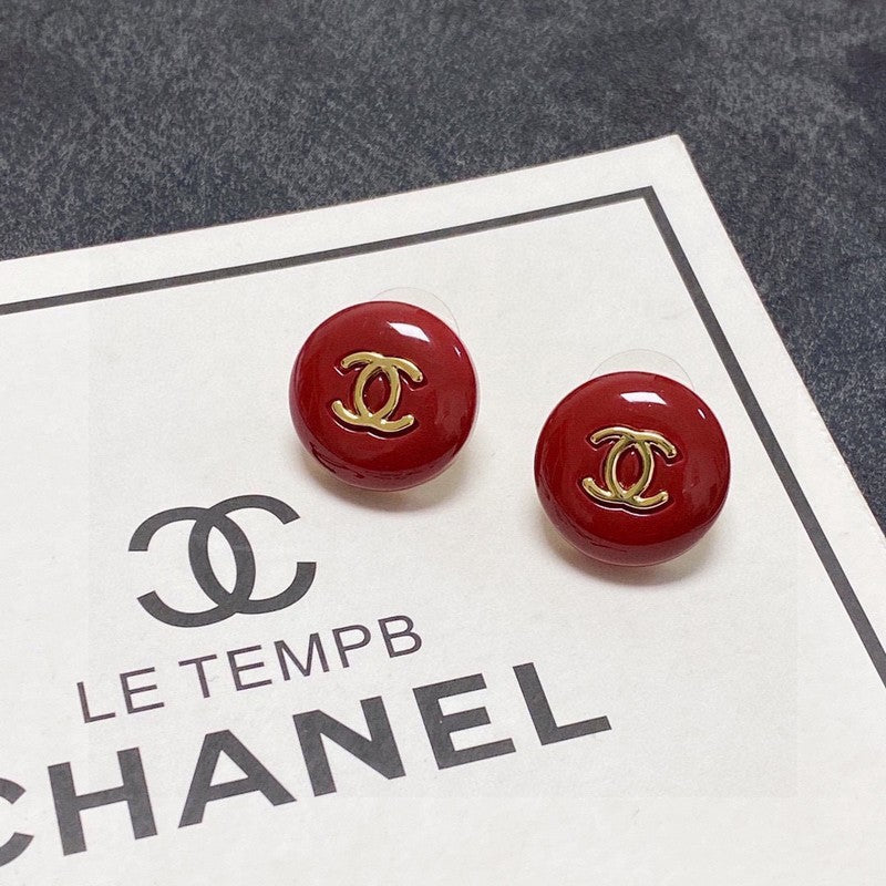 18K  Chanel Wine Red Round Earrings