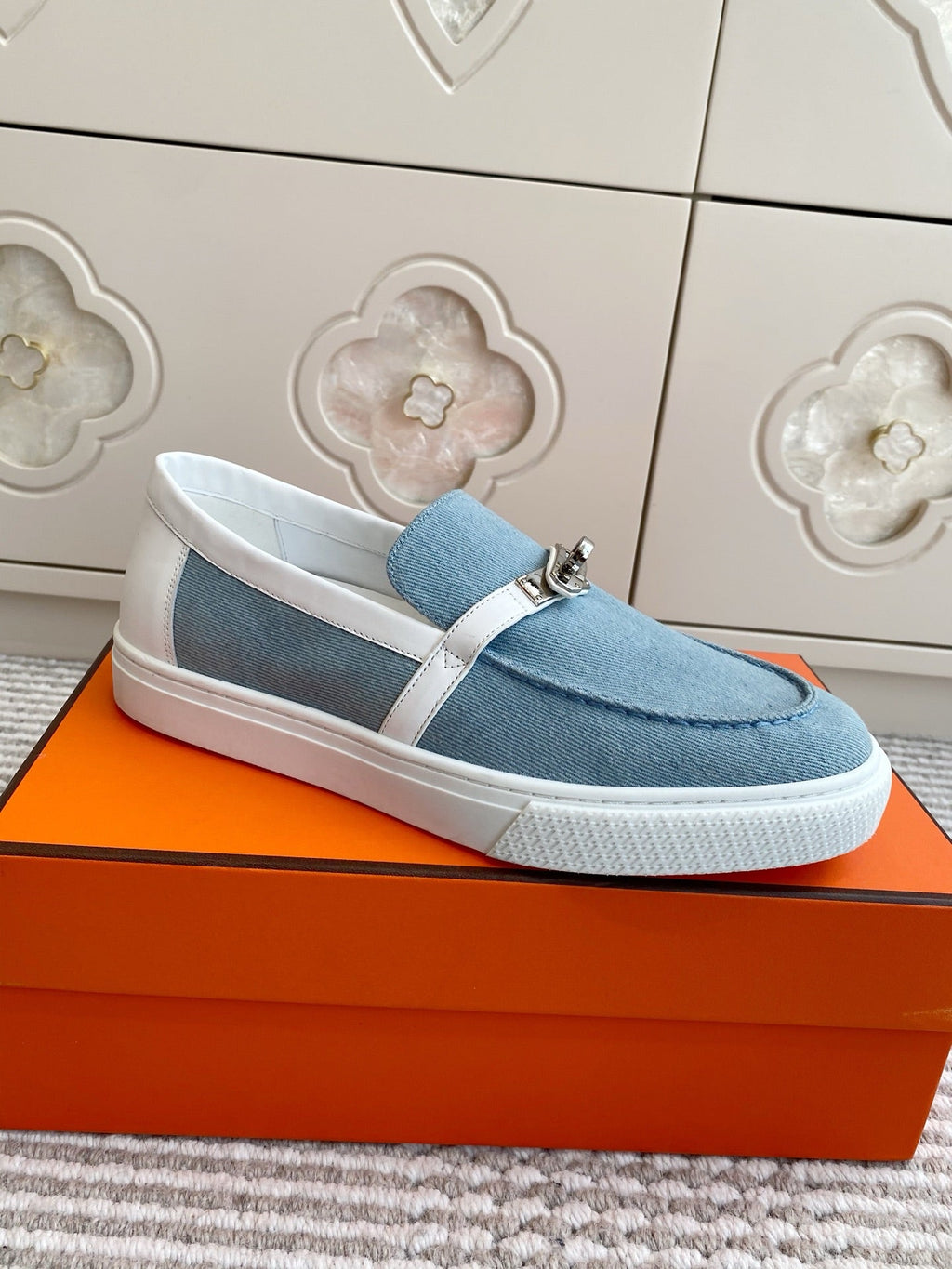 HERMES 25S SLIP-ON IN SKY BLUE CANVAS WITH SILVER HARDWARE