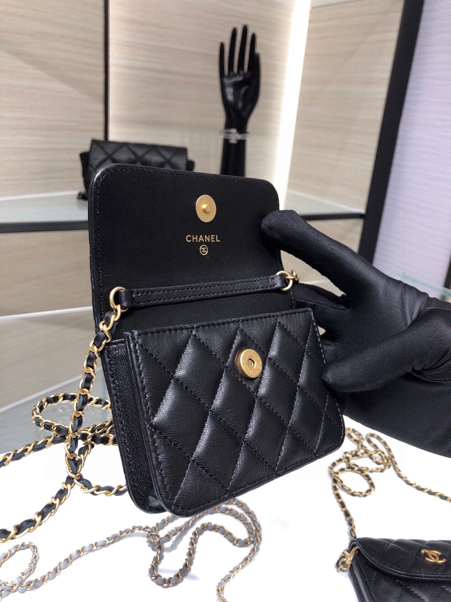 CHANEL MINI FLAP BAG 12 IN BLACK QUILTED LAMBSKIN GOLD HARDWARE