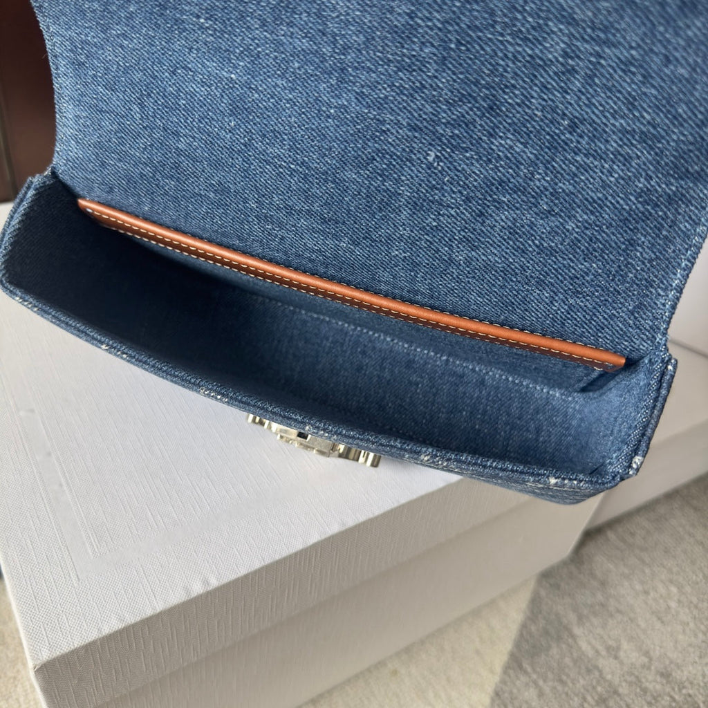 CELINE CHAIN SHOULDER BAG CLAUDE 20 IN BAYOUX BLUE TRIOMPHE DENIM SILVER HARDWARE