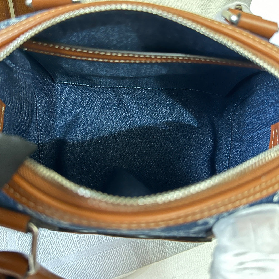 CELINE SMALL BOSTON 19 IN SPACE BLUE TRIOMPHE DENIM AND BROWN CALFSKIN TRIM