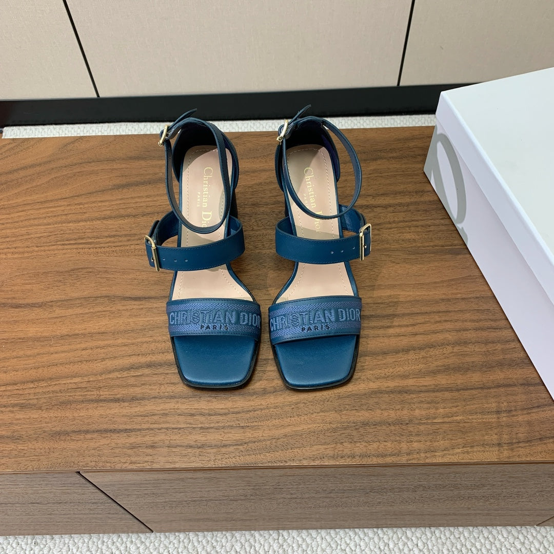 DIOR THREE-STRAP HIGH-HEELED EMBROIDERED SANDALS NAVY BLUE
