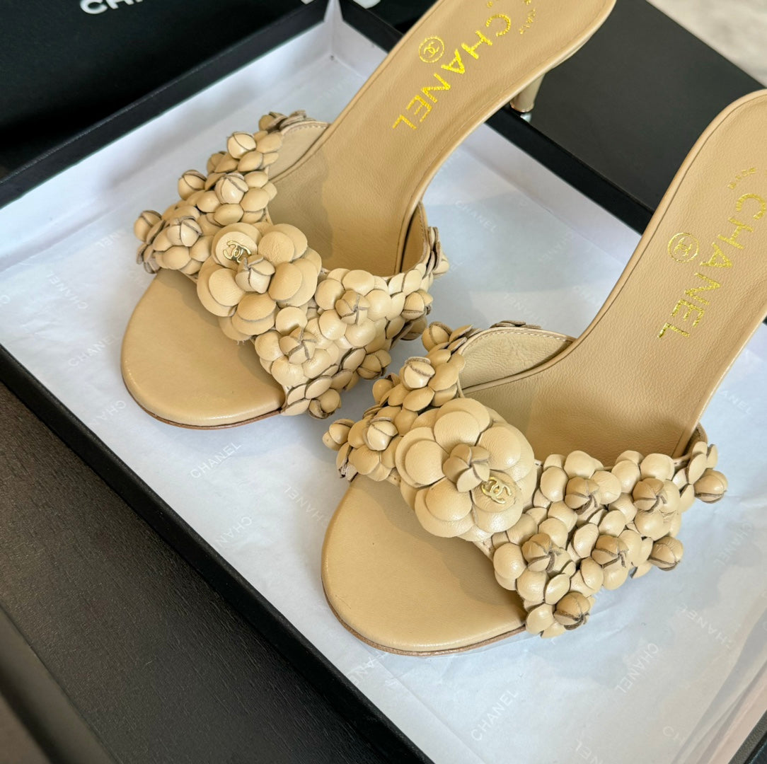 CHANEL Little Camellia World Thin High Heels Tan Brown Lambskin