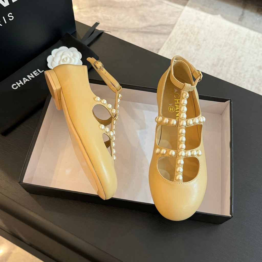 CHANEL MARY JANES SHOES LIGHT YELLOW GOATSKIN WITH FAUX PEARL