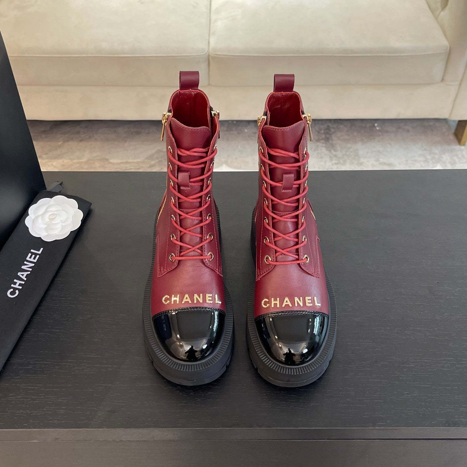 CHANEL ANKLE BOOTS IN BLACK MIX GARNET RED LAMBSKIN