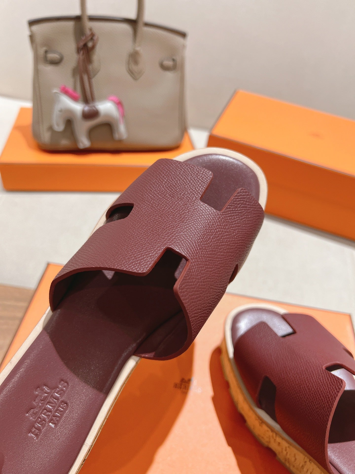 HERMES 25S HIGH WEDGE SANDALS IN RICH WINE RED LAMBSKIN STYLE 21