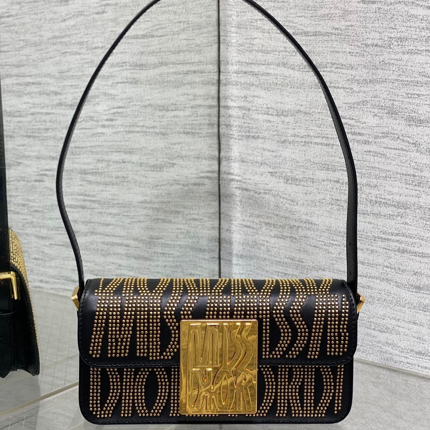 DIOR MINI FLAP BAG 18 IN BLACK LAMBSKIN WITH GOLD RHINSTONES