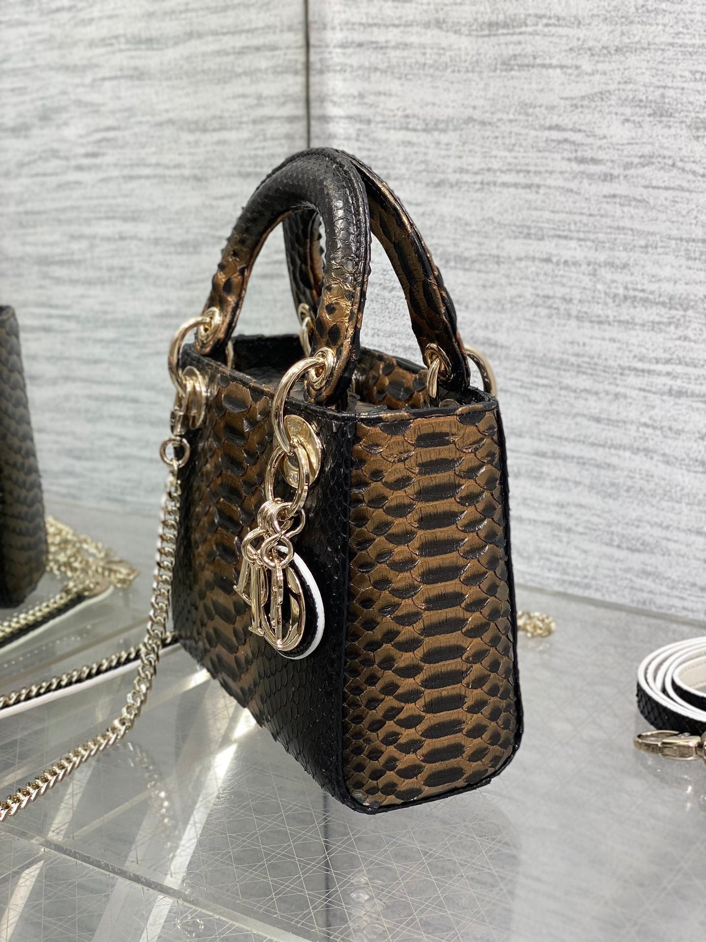 DIOR MINI 17 LADY BAG IN BLACK MIX COFFEE BROWN SNAKESKIN PATTERN LAMBSKIN