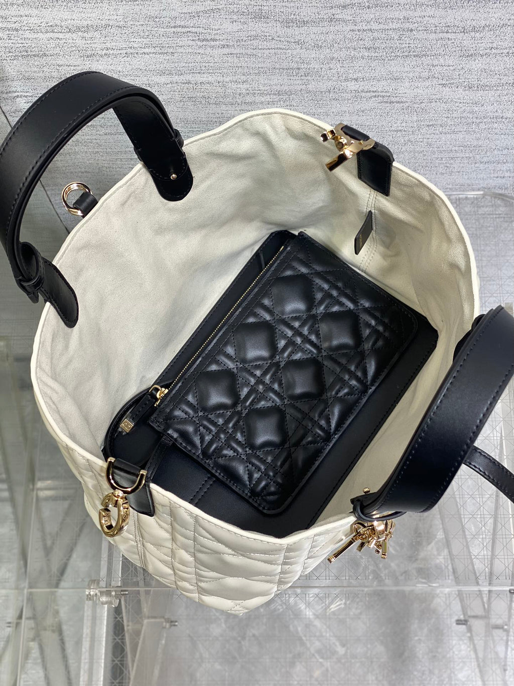 DIOR ALWAYS MINI 28 BAG IN WHITE MIX BLACK MACROCANNAGE CALFSKIN