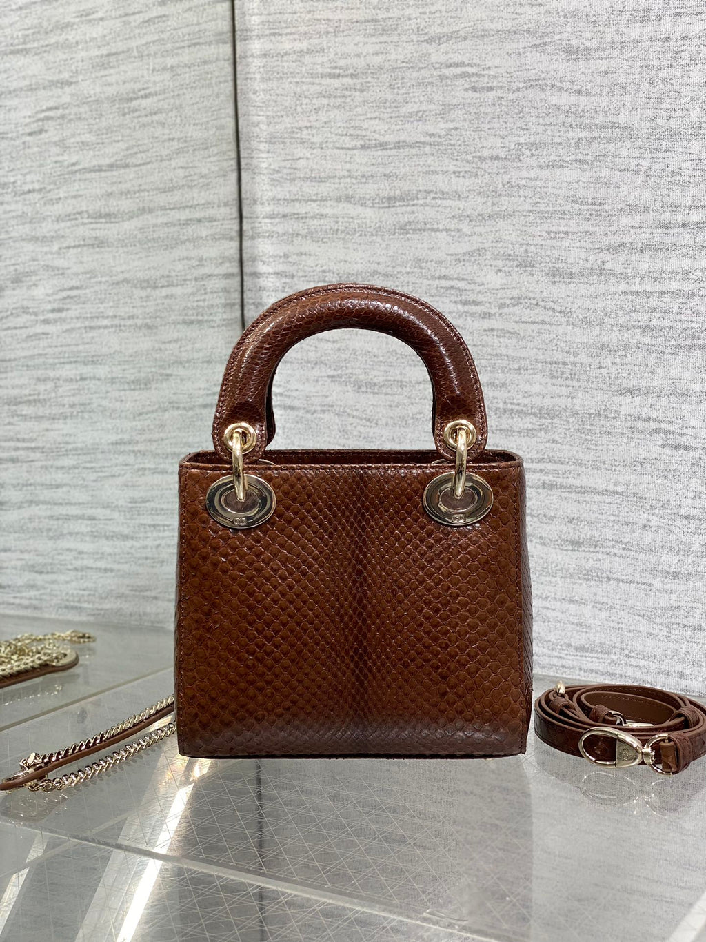 DIOR MINI 17 LADY BAG IN PEACAN BROWN METALLIC LAMBSKIN