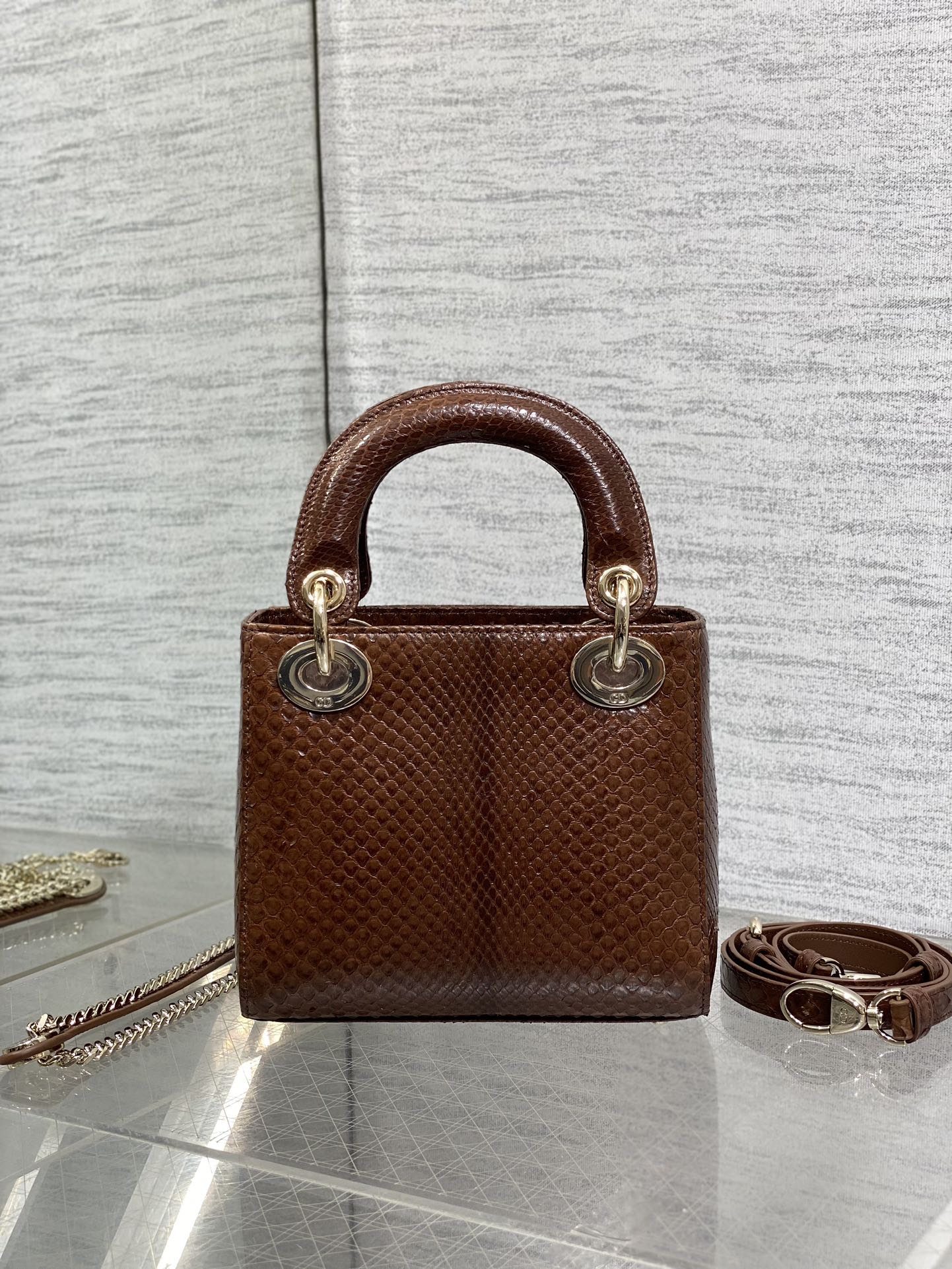 DIOR MINI 17 LADY BAG IN PEACAN BROWN METALLIC LAMBSKIN