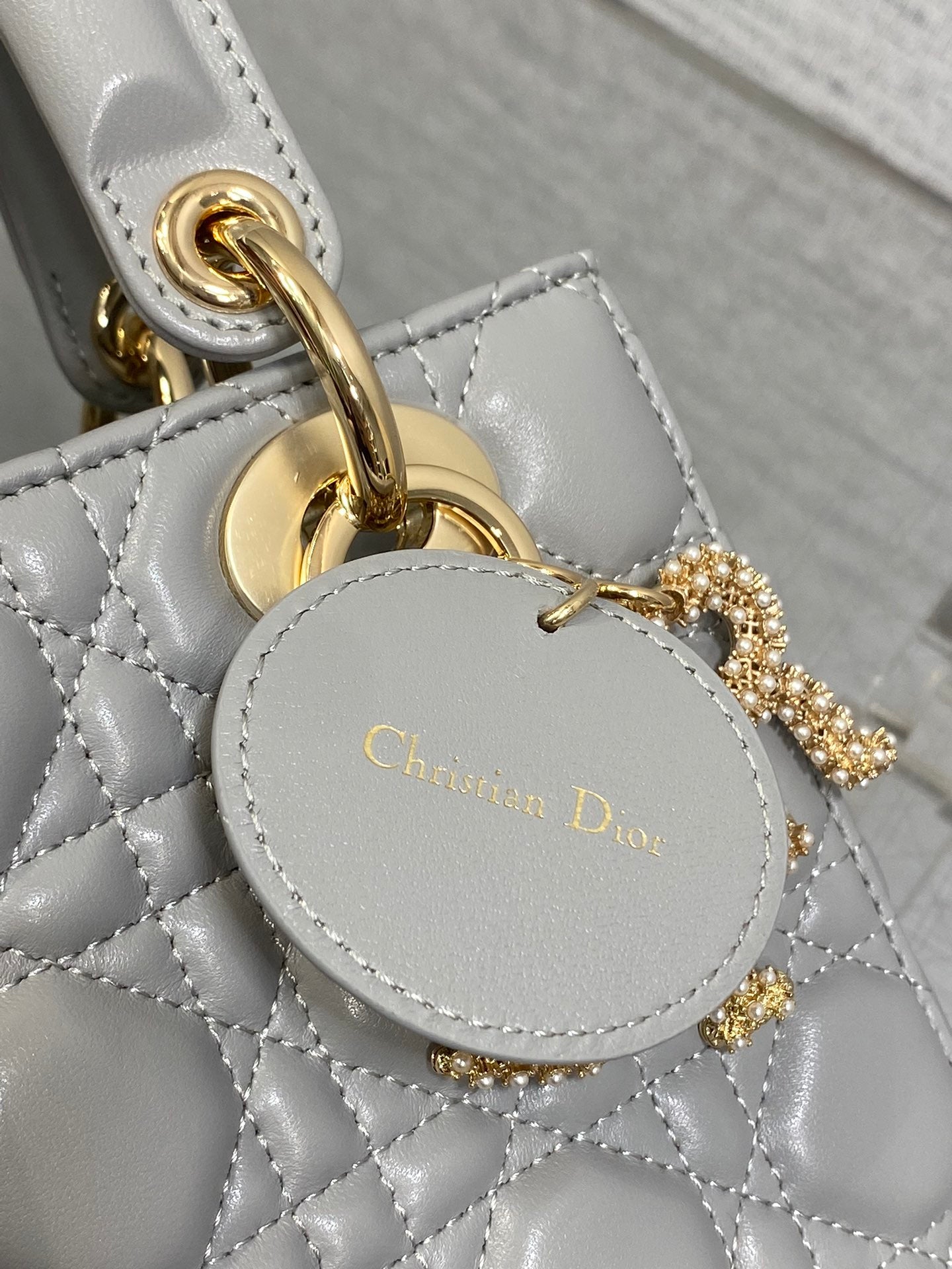 DIOR 25S LADY  BAG 20 IN DARK GRAY CALFSKIN CHARM PEARL EMBELLISHMENTS