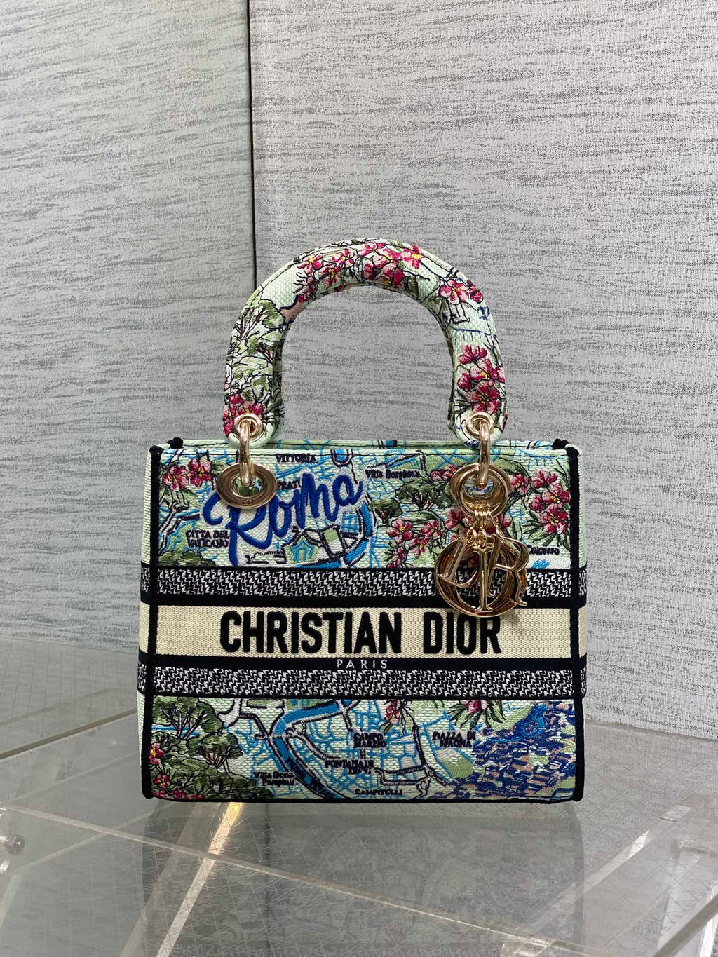 DIOR 25S SMALL LADY D-LITE BAG 24 IN BLUE AND WHITE CANVAS FLORAL EMBROIDERY