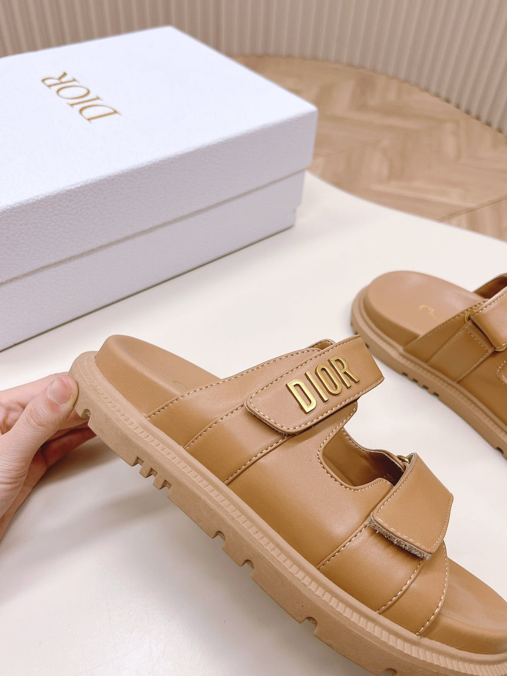 DIOR CLASSIC DOUBLE-STRAP SLIDES 25S IN LIGHT BROWN CALFSKIN