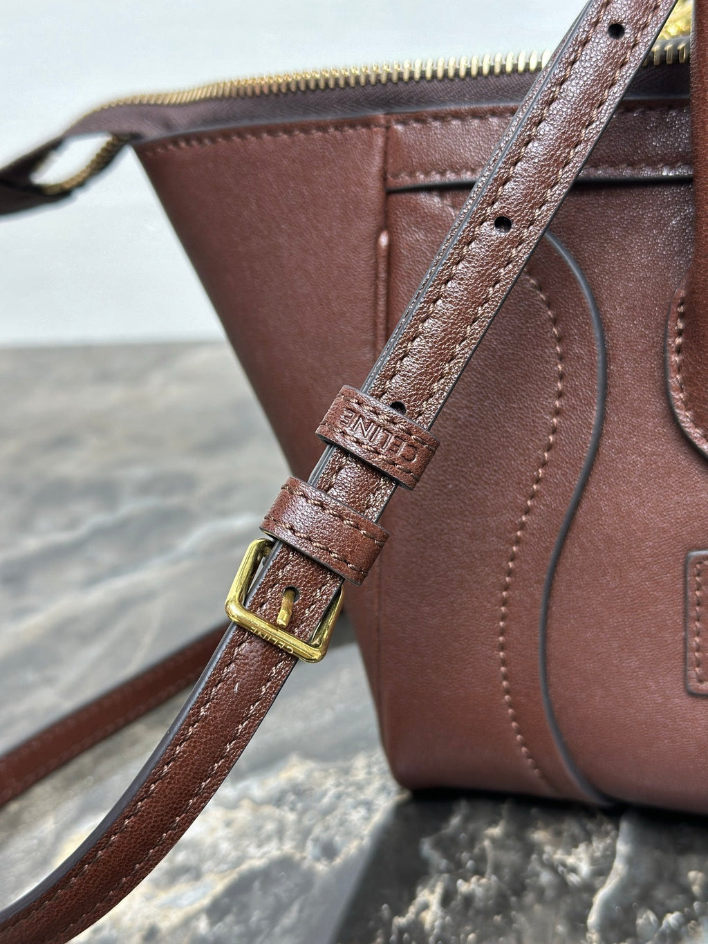 CELINE 25S NEW LUGGAGE 38MM IN CHOCOLATE BROWN  SHINY LAMBSKIN GOLD HARDWARE
