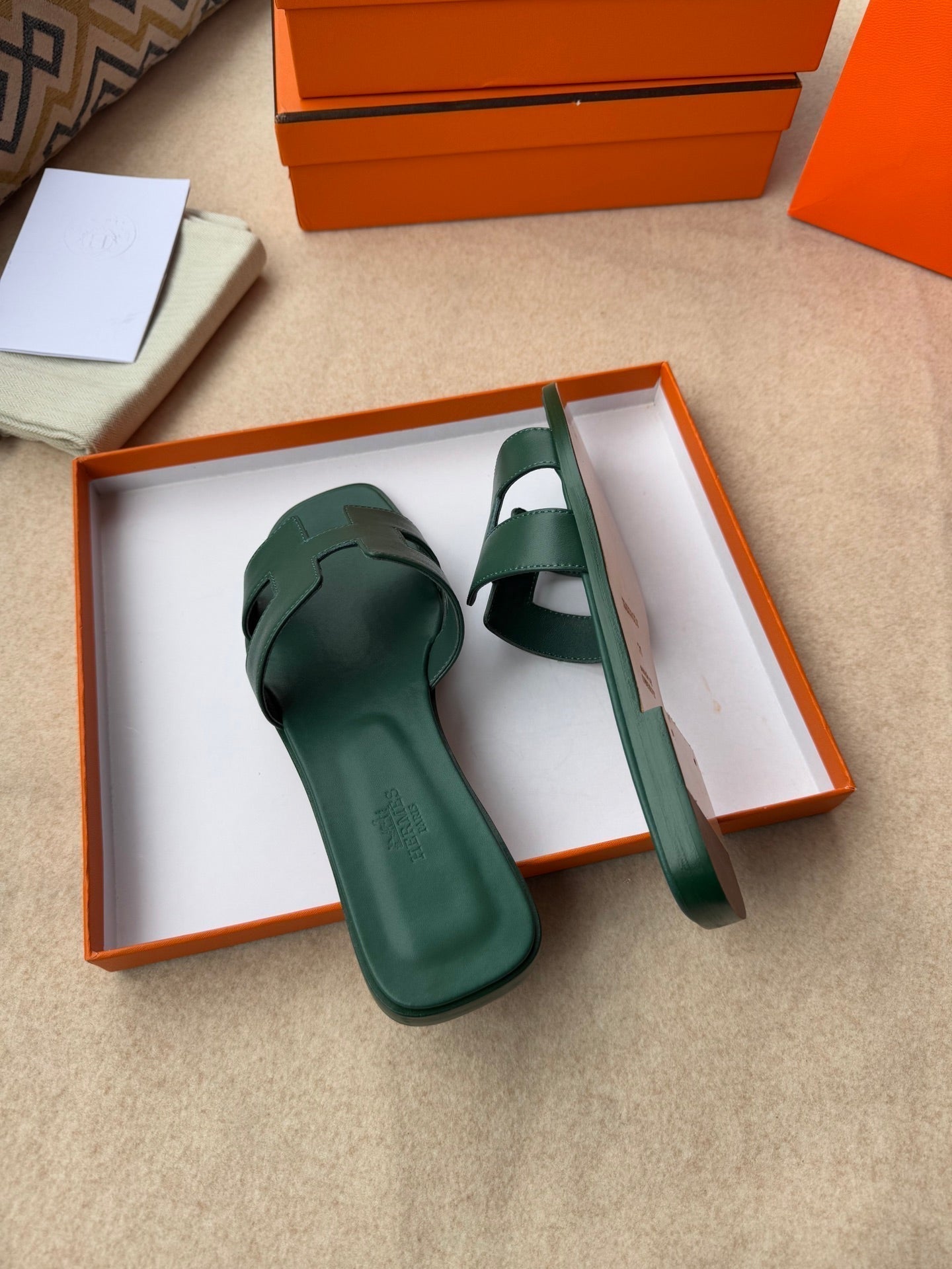 HERMES 0RAN SANDALS IN FOREST GREEN CALFSKIN