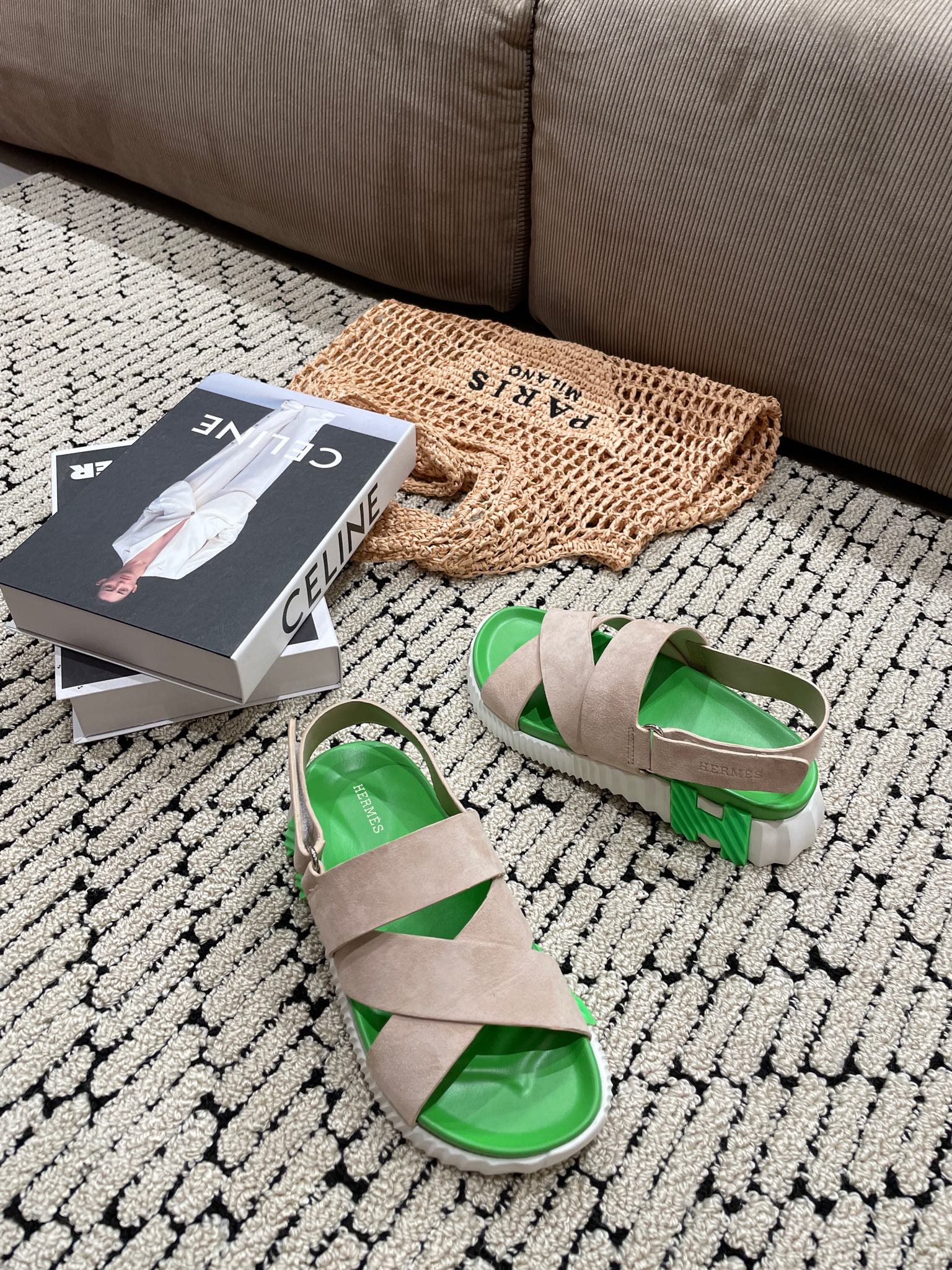 HERMES ELECTRIC SANDAL GREEN MIX LIGHT GRAY SUEDE