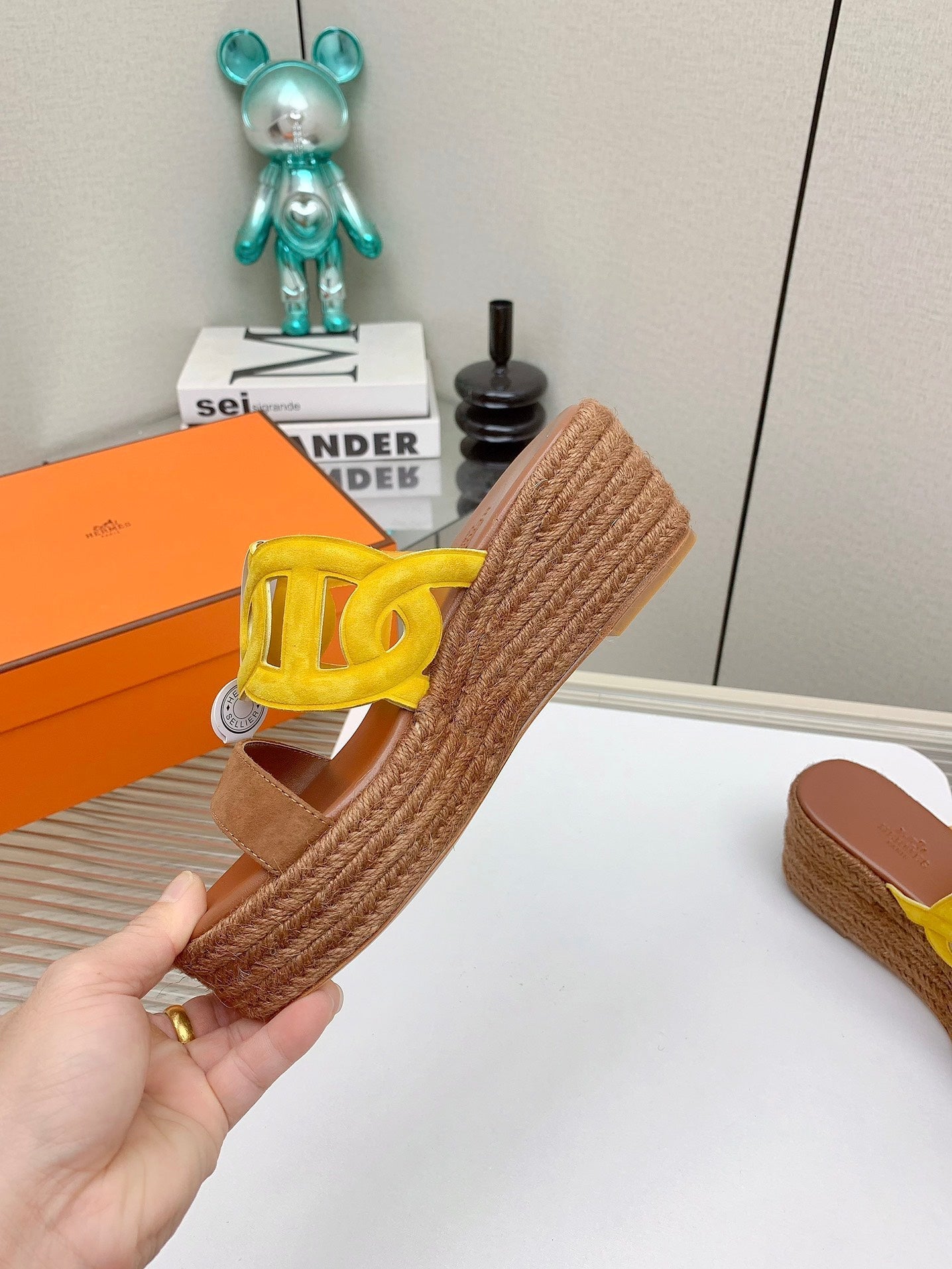 HERMES ITHEA 85 MM ESPADRILLE IN BRONZE BROWN AND AMBER YELLOW SUEDE