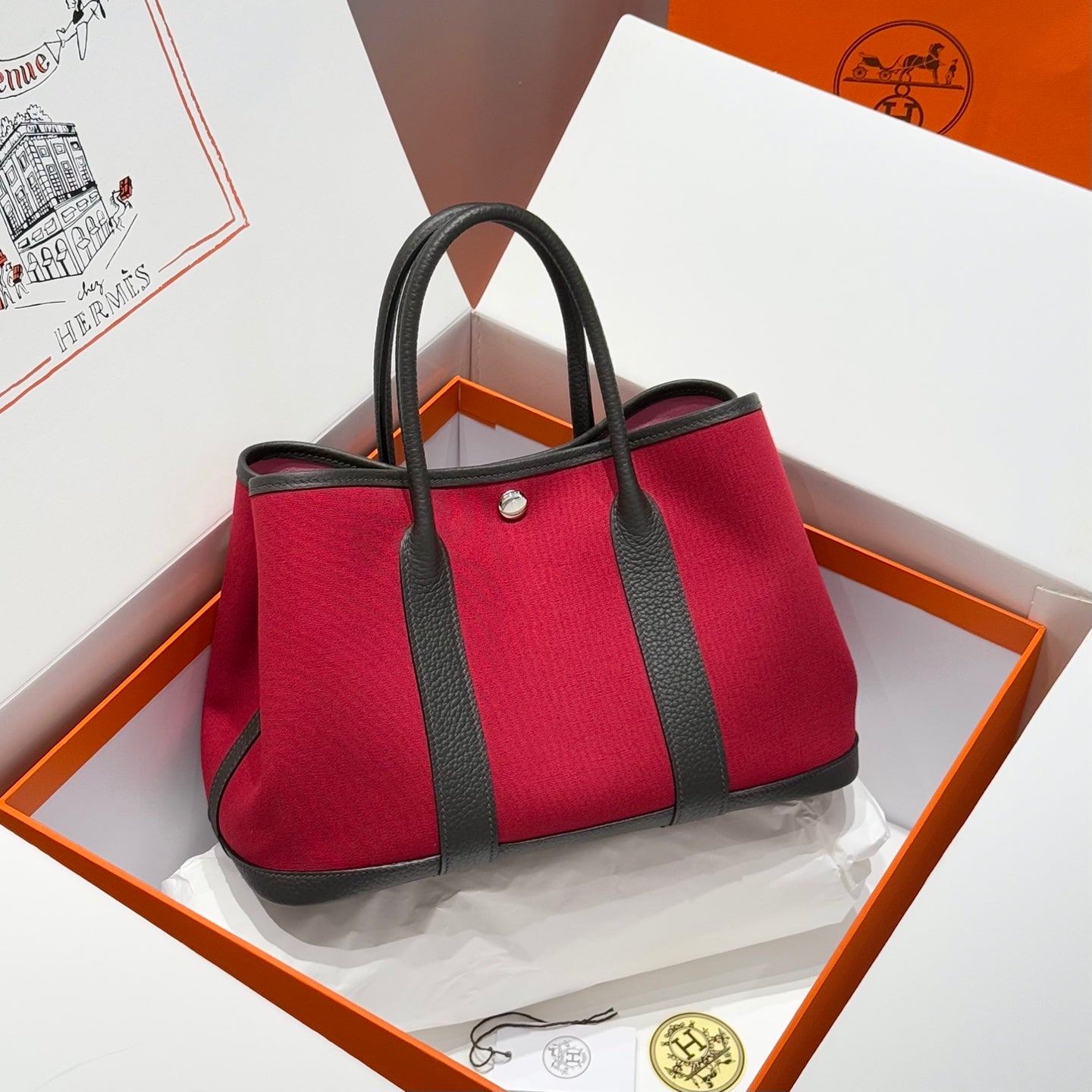 HERMES GARDEN PARTY 30CM IN RED TOILETS COTTON CANVAS AND DARK BROWN CALFSKIN PINK ON SIDE OTHER