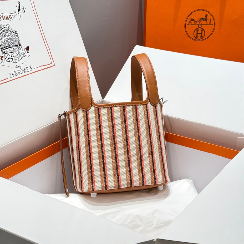 HERMES PICOTIN LOCK 18 BAG IN GOLD CALFSKIN ÉCRU/BEIGE/FAUVE/ROSE POP/NOIR EMBROIDERY CANVAS