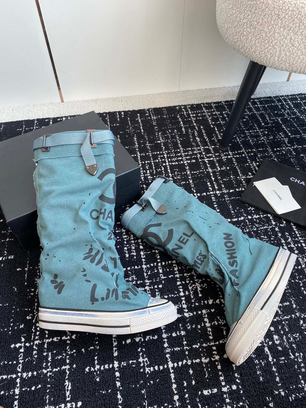 CHANEL HIGH BOOTS IN SAPPHIRE BLUE CANVAS