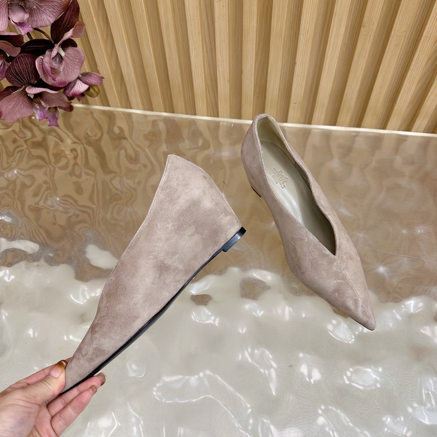 HERMES 25S HIGH-HEEL WEDGE SHOES 50 MM IN DUSTY BEIGE SUEDE