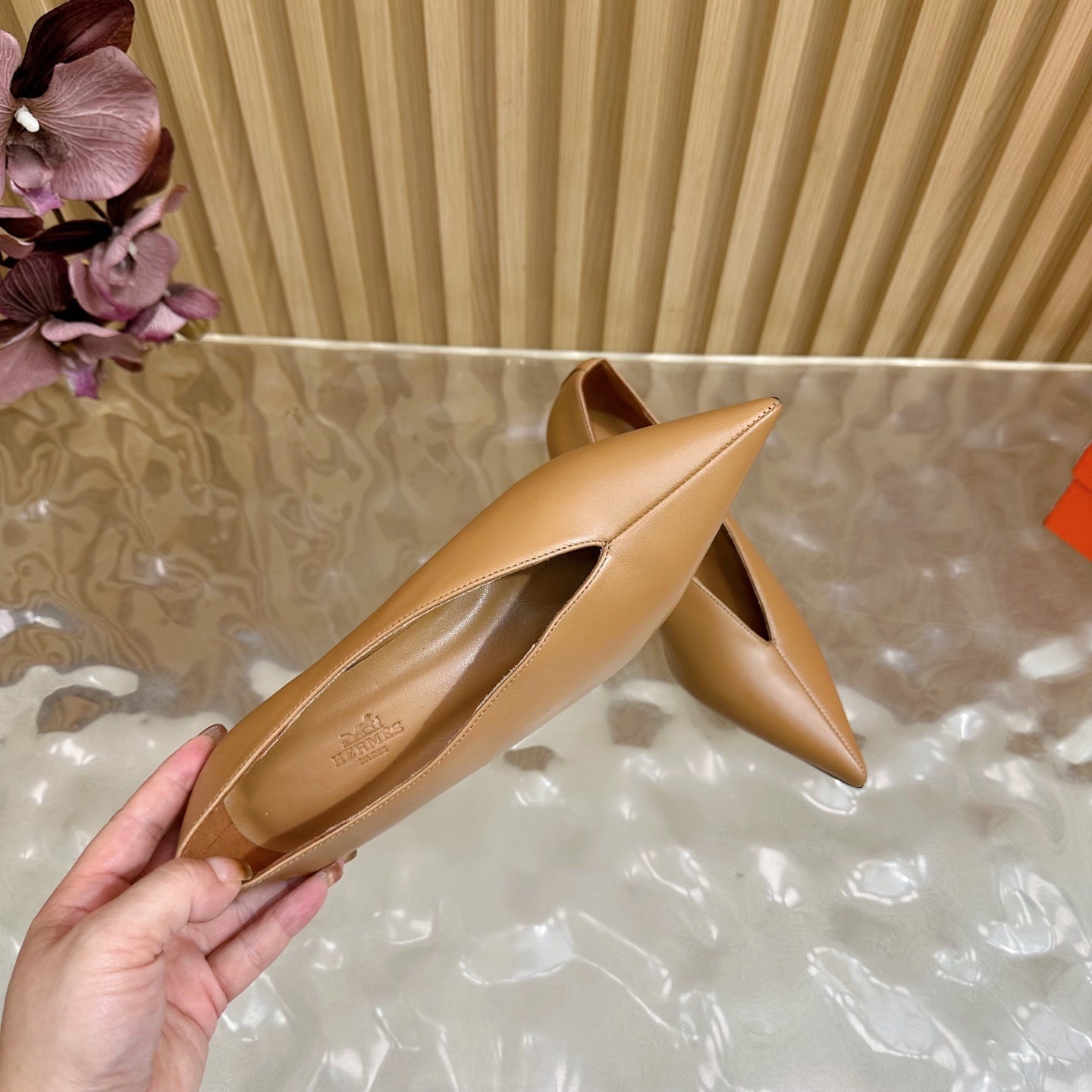 HERMES 25S HIGH-HEEL WEDGE SHOES 50 MM IN BROWN LAMBSKIN