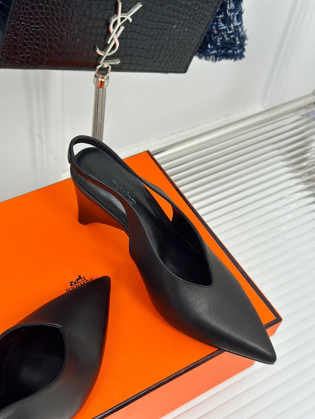 HERMES HIGH HEEL 75 MM POINTED- TOE SANDAL IN BLACK CALFSKIN