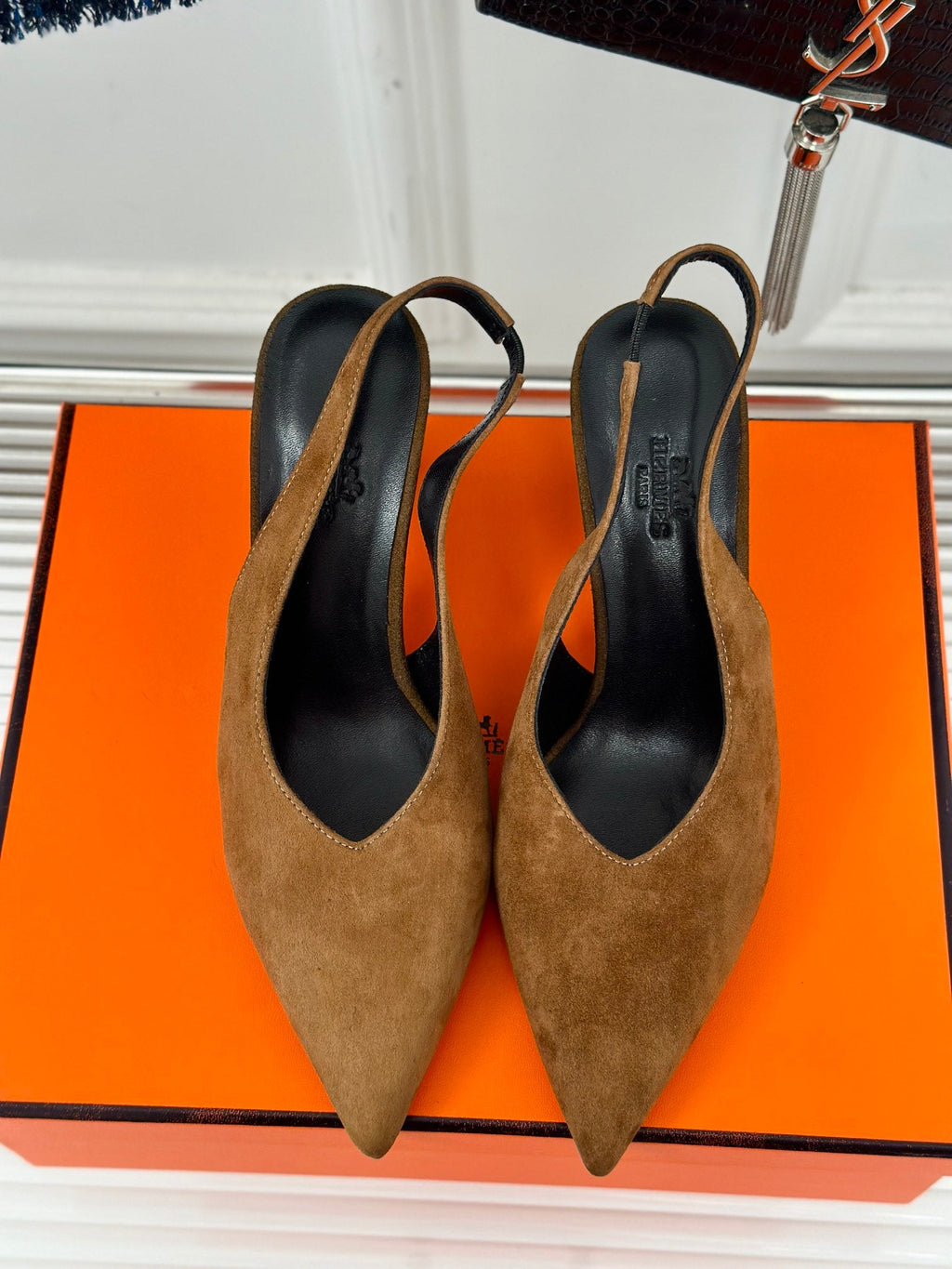 HERMES HIGH HEEL 75 MM POINTED- TOE SANDAL IN CIDER BROWN SUEDE