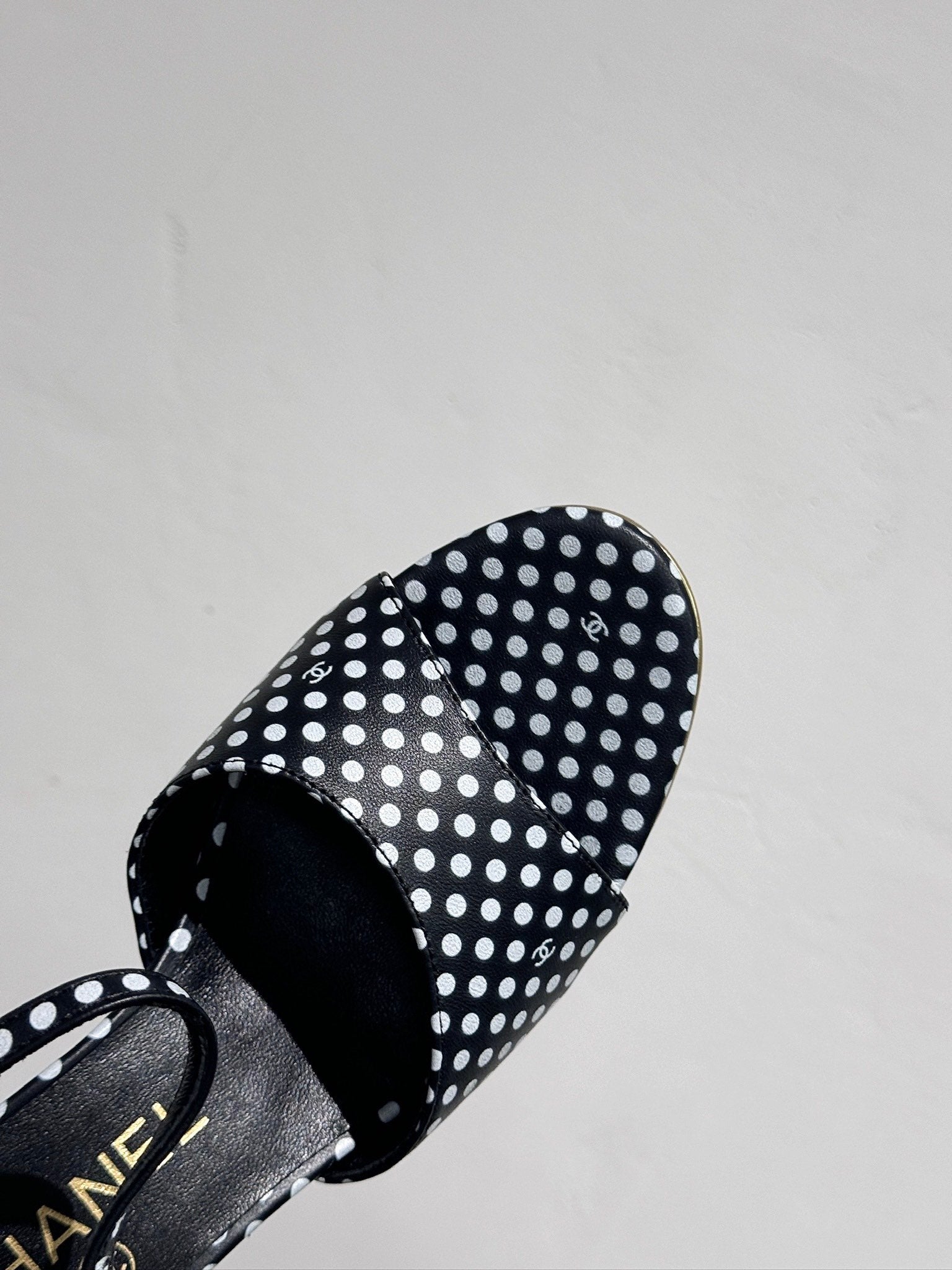 CHANEL BLOCK HEEL SANDALS BLACK POLKA DOT SHEEPSKIN