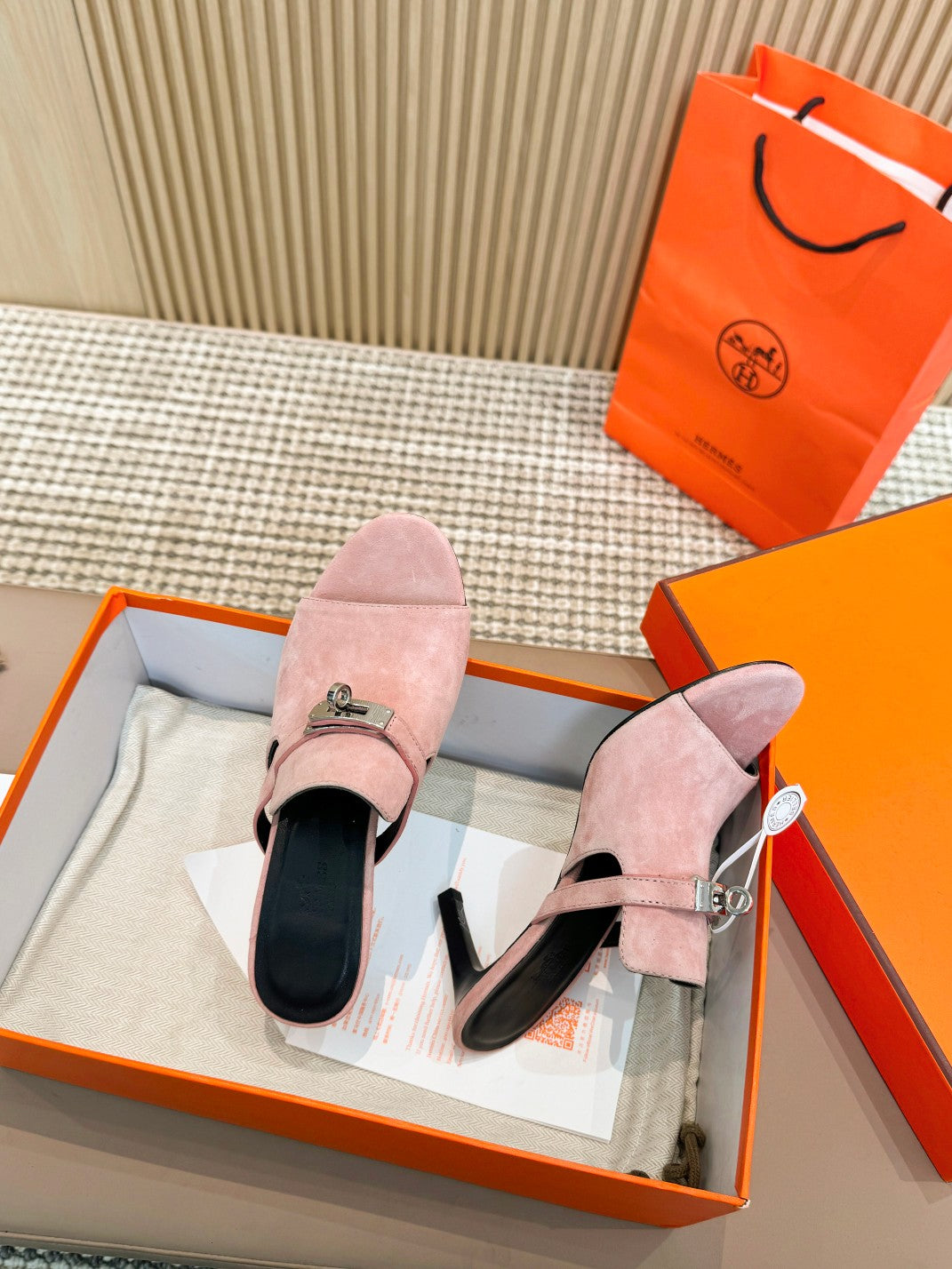 HERMES HEDEN MULE 80 LIGHT PINK SUEDE