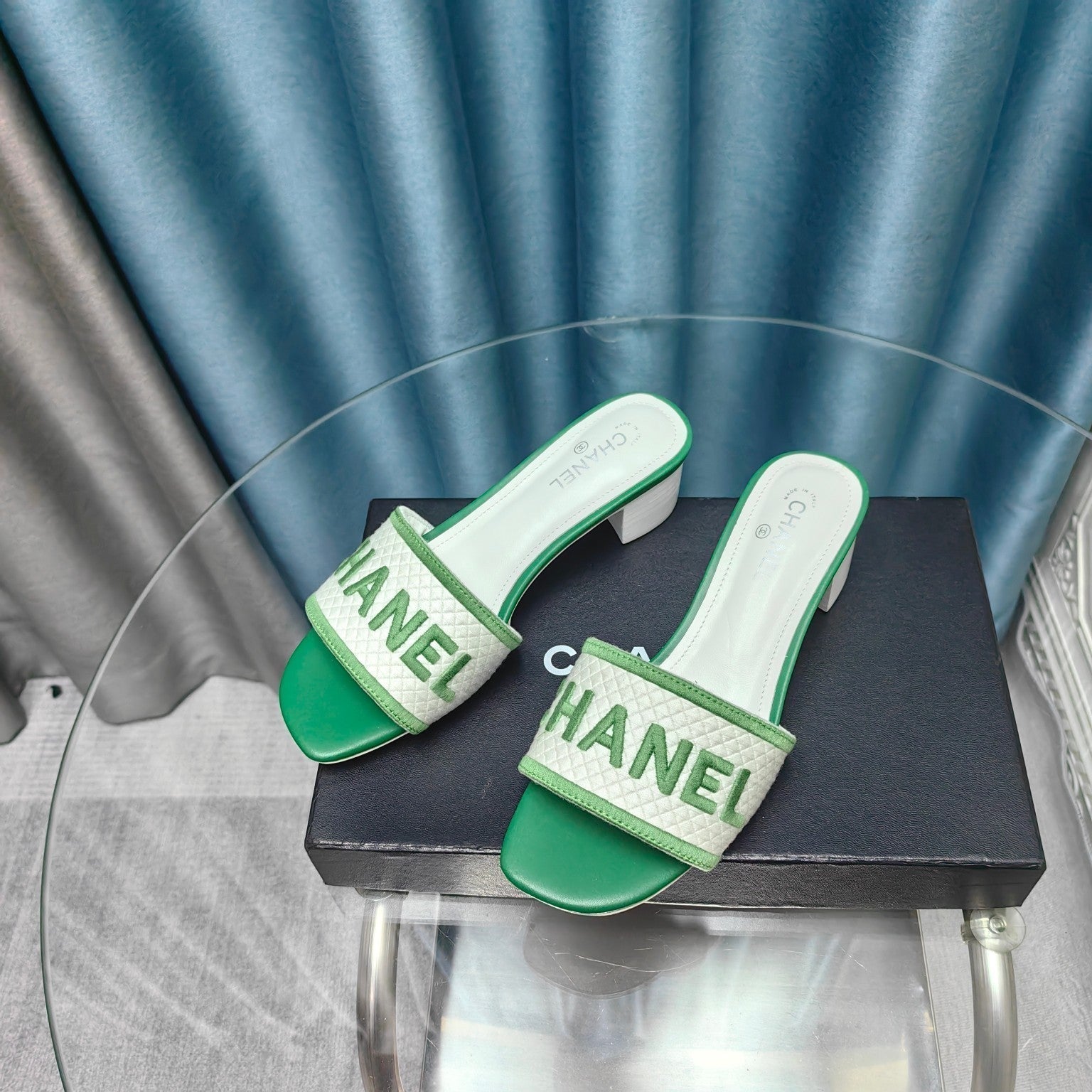 CHANEL MULE SANDAL 45 WHITE MIX LIGHT GREEN FABRIC EMBROIDERY