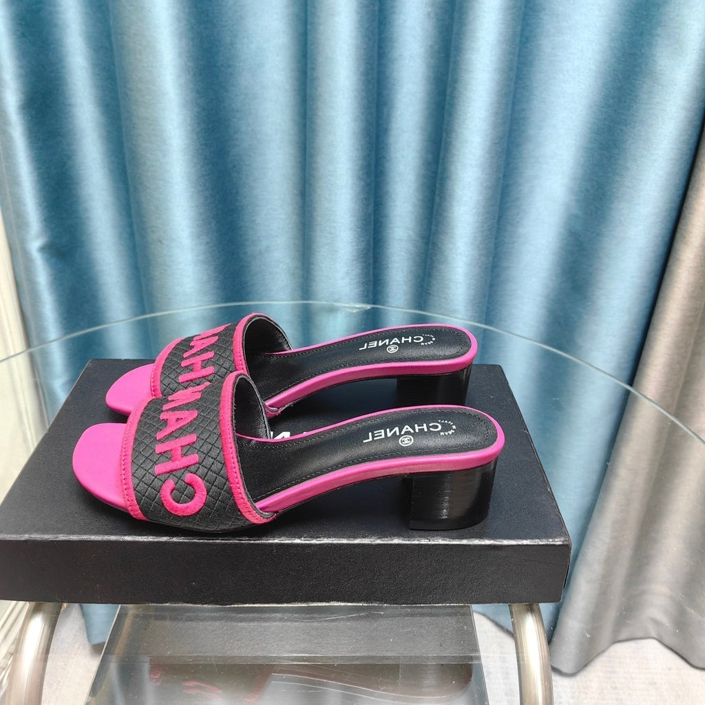 CHANEL MULE SANDAL 45 BLACK PINK FABRIC EMBROIDERY