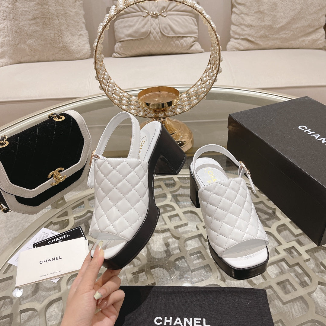 CHANEL Double C  Chunky Heel Peep-Toe Open Sandals White Lambskin