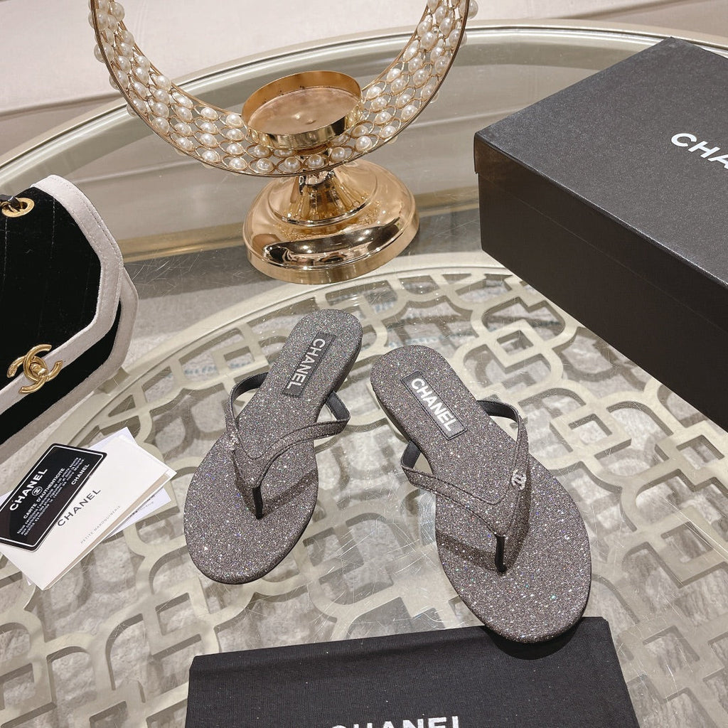 CHANEL Double  Rhinestone Flip  Flop Thongs Dark Gray Sheepskin