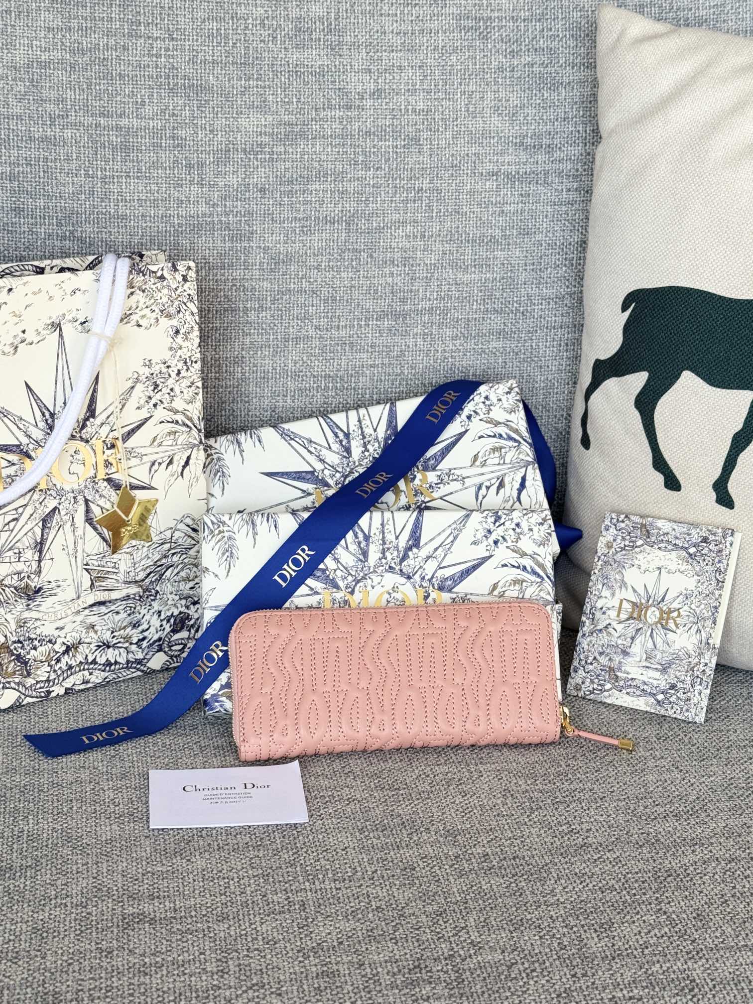 DIOR VERTICAL LONG ZIP WALLET 20 IN BABY PINK QUILTED ALLOVER CALFSKIN